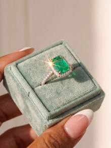 Stylever 1pc Luxury Green Ring, Women's Jewelry, 925 Sterling Silver, Elegant Candy Wedding Band, Exquisite Jewelry, Anniversary Gift, Bridal Jewelry, Ball Decoration - Green Stone - View 5