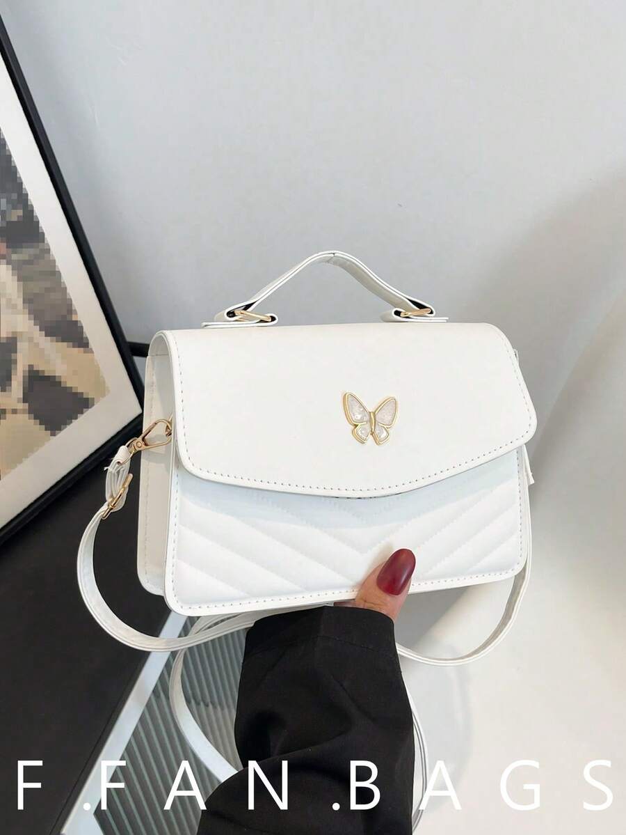 Solid Color PU Leather Patchwork Bow Design Flap Shoulder Crossbody Square Bag, Suitable For Women's Daily Commute, Shopping, Travel, Gathering, - White - View 1
