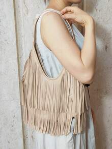 女士流苏手提包，时尚单肩包，大容量休闲腋下手提包，适合通勤、休闲、日常、旅行、购物，可搭配T恤、连帽衫、衬衫、牛仔裤、连衣裙、外套 - 杏色 - 查看 3