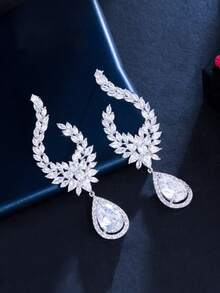 1 Pair Luxury Sparkling Cubic Zirconia Teardrop Earrings, Suitable For Weddings And Parties - White - View 5
