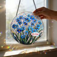 1件彩绘玻璃阳光捕捉器装饰品，圆形，图案包括蜂鸟、罂粟花、红雀和蓝色花朵。 - 掛飾 - 查看 5