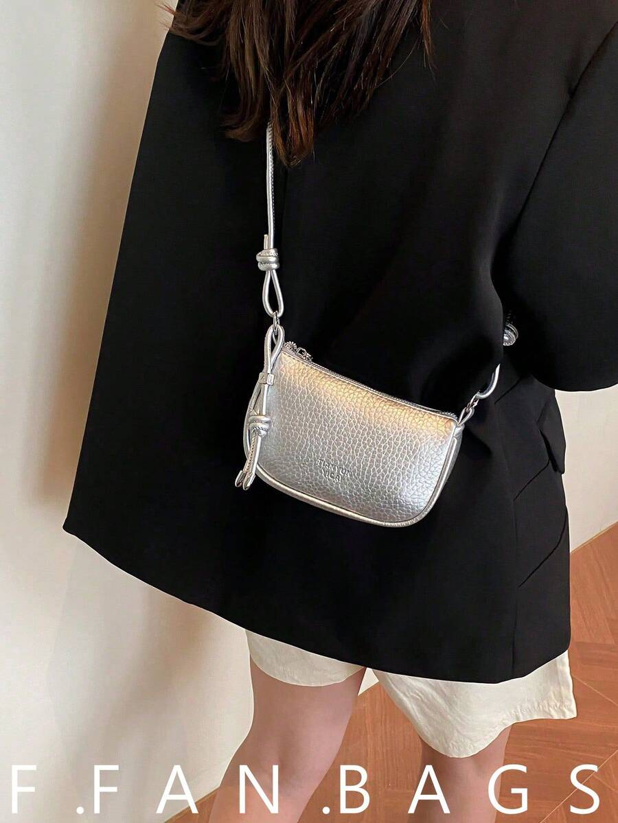 Bolso de mano mini de grano de litchi, nuevo bolso cruzado compacto de moda diaria para mujer - Plateado - Ver 1