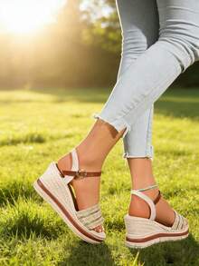 Women's Straw Platform Sandals - Gold Metal Strap Decor, Thick Sole Flattering Design, Summer Beach Vacation Shoes - Beige - View 3
