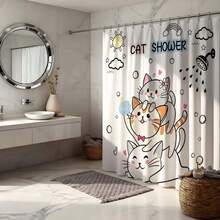 “可爱叠叠猫浴帘，卡通灰白猫咪叠叠乐彩虹爱心图案防水速干涤纶浴帘带挂钩，卡哇伊猫咪爱好者浴室装饰可爱家居卫生间装饰宠物爱好者礼物” - 白黃 - 查看 7