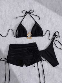 3pcs/Set Summer Sexy Solid Color Ruffled Halter Bikini With Drawin String, Beach Resort Swimsuit With Mesh Skirt - màu đen - Xem 3