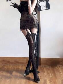 1双性感宝贝黑色吊袜带，系带设计，独特亚文化系带图案，过膝Y2K渔网袜 - 黑色 - 查看 5
