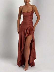 Women's Solid Color Spaghetti Strap Sexy Tie-Up Ruffle Hem Slit Dress - Rỉ Nâu - Xem 6