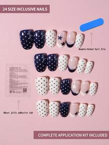 24片短款椭圆形藏蓝色法式美甲贴纸，饰有波点和星星图案，粉色少女风，全覆盖亚克力假指甲，包含1瓶果冻胶和1个指甲锉，适合女性和女孩日常工作、学习和派对使用。 - 彩色 - 查看 3