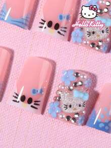 SANRIO 24片Y2K中号鸭子白蓝法式贴片美甲，可爱3D蝴蝶结、珍珠、水钻和花朵设计，粉嫩少女风，完美贴合假指甲套装，包含1片果冻胶和1个指甲锉，适合女性和女孩日常及派对使用。 - 彩色 - 查看 3