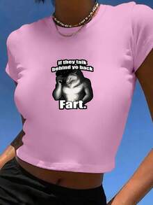 If They Talk Behind Your Back Fart Funny Oddly Specific Meme Graphic Print Women's Fashion Short Sleeve T-Shirt,Y2K Top Crop,Camisetas De Fiesta,Back To School,Vintage,Street Wear, Rock, Holiday, Vacation, Festival, Summer Tops, Free Shipping - 粉色 - 查看 4
