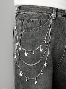 1pc Unisex Punk Style Metal Star Tassel Multi-Layer Waist Chain, Versatile Denim Jeans Accessory - Silver - View 6