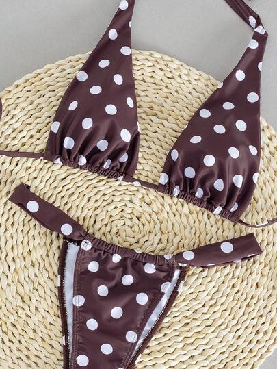 QKJ Women Brown White Polka Dot Bikini Set Triangle Halter Sliding Cup Wide Tie Strap Bikini Top Adjustable Side Tie Bottom Low Rise High Cut Sexy Summer Beach Vacation