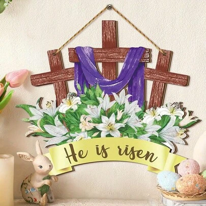 1pc Happy Easter Hanging Decor - "He Is Risen" Cross Wooden Plaque, Suitable For Farmhouse Spring Theme Party, Outdoor Porch Decor, Home & Window Decoration Wooden Sign, Fits 11 Holidays - Random Rope