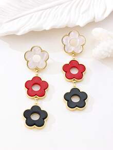 Elegant Tricolor Floral Long Earrings, Versatile - Multicolor - View 6