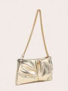Women's Square Shoulder Bag, Pleated PU Texture, Metal Chain, Fashion Design, Suitable For Evening Events And Outdoor Shopping - Gold - View 3