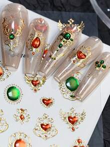 1 Peça Adesivos de Unha Cetro Barroco Vintage Vermelho/Verde, Decalques de Unha com Colar de Coroa de Pedras Preciosas Luxuoso, Adesivo de Manicure Elegante Autoadesivo - Multicolorido - Visão 6