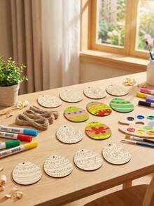 40pcs Unfinished Wooden Easter Eggs, DIY Craft Decorative Eggs, Paintable Wooden Egg Slices, Jute Rope, Easter Coloring Activity, Blank Wooden Slices, Spring Tree Hanging Decor, Holiday Party Favors, Painting Toys, Rustic Style Festival Decoration - Multicolor - View 2
