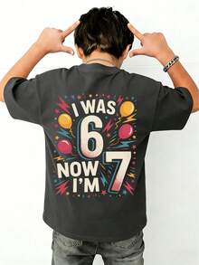 Tween Boy Colorful Cartoon "I WAS 6, NOW I'M 7" 67 Element Print Shirt, Suitable For Activities, Daily Wear, Partys, Birthday Gift For Tween Boy, Birthday Party , Ideal Gift For Birthday Celebration, Fashionable Tween Boy Summer Top - Dark Grey - View 3