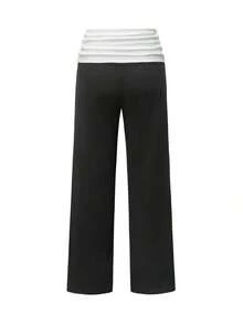 Sunny Girly Summer Y2K Back To School Casual Home Waistline White Pleated Patchwork Straight Pants - 黑色 - 查看 5