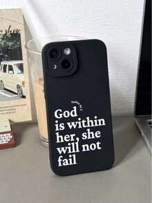 1pc Minimalist Slogan & Jesus Angel Eye Frosted Full Coverage Lens TPU Phone Case Compatible With Iphone 16 15 14 13 12 11 Pro Max X XS XR 8 7 Plus - Black - View 4