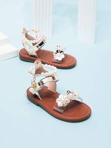 Cute White Infant Sandals With Pearl Chain & Hook And Loop Ankle Strap - Gold - View 1