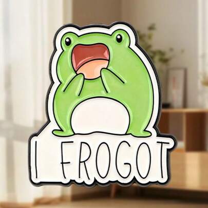 Imán con el texto "I FROGOT" (Olvidé): Cara sorprendida con la mano sobre la boca, meme gracioso sobre el olvido en estilo kawaii, contorno negro y forma irregular - Humor relatable para la nevera