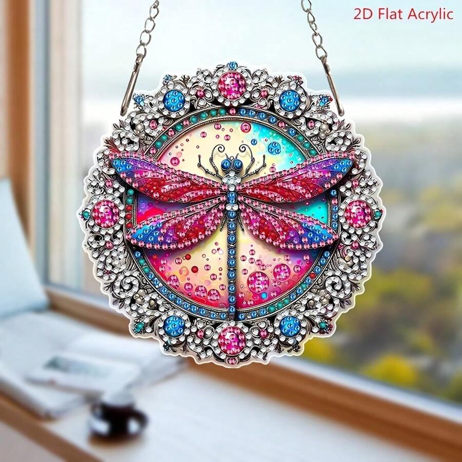 Kit de pintura de diamantes acrílicos 2D, colgante de libélula de diamante vintage, mosaico de cristal asimétrico hecho a mano, adecuado para principiantes, decoración multifuncional de pared y ventana, decoración navideña perfecta y regalo creativo para el hogar, el jardín o el patio - A - Ver 1