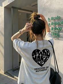 女士休闲圆领宽松字母爱心印花短袖T恤，春夏款 - 淺花灰 - 查看 1