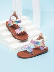 Cute White Infant Sandals With Pearl Chain & Hook And Loop Ankle Strap - Multicolor - View 4