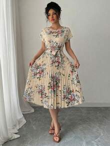 Summer Boho Floral Tiered Dress Women's Short Sleeve Crewneck Tie Front Pleated Flounce Hem Maxi Beach Vacation Dress - 杏色 - 查看 4