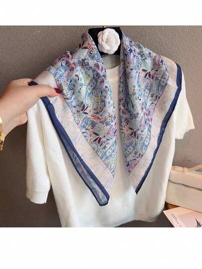 1pc Elegant Blue Cashew Flower 70cm Square Scarf, Versatile Countryside Style, Suitable For Commuting, Travel, Photography, Skin-Friendly Neck Warmer, Head Wrap