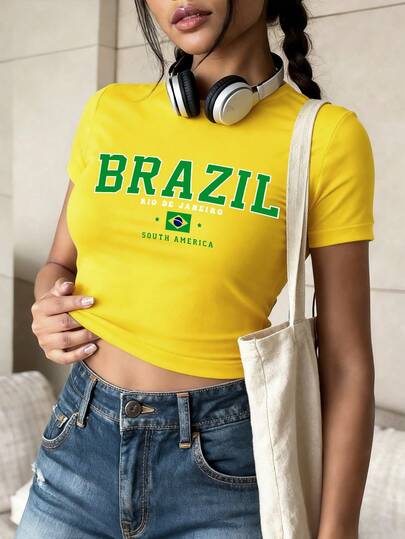 少女短袖T恤，巴西队队标印花，舒适透气针织上衣