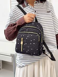 1 pieza Mochila compacta casual de nailon negro, versátil y de moda, adecuada para uso diario de mujeres, citas, salidas y viajes - Negro - Ver 10