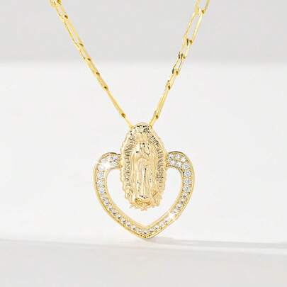 1pc Classic European & American Style Copper Inlaid Zirconia Heart, Guadalupe Virgin Mary, Jesus Cross Pendant Necklace, Limited Edition. Suitable For Christmas/Thanksgiving/Halloween/Mother's Day/Valentine's Day Gifts, Catholic First Communion, Daily & Holiday Wear, Prayer