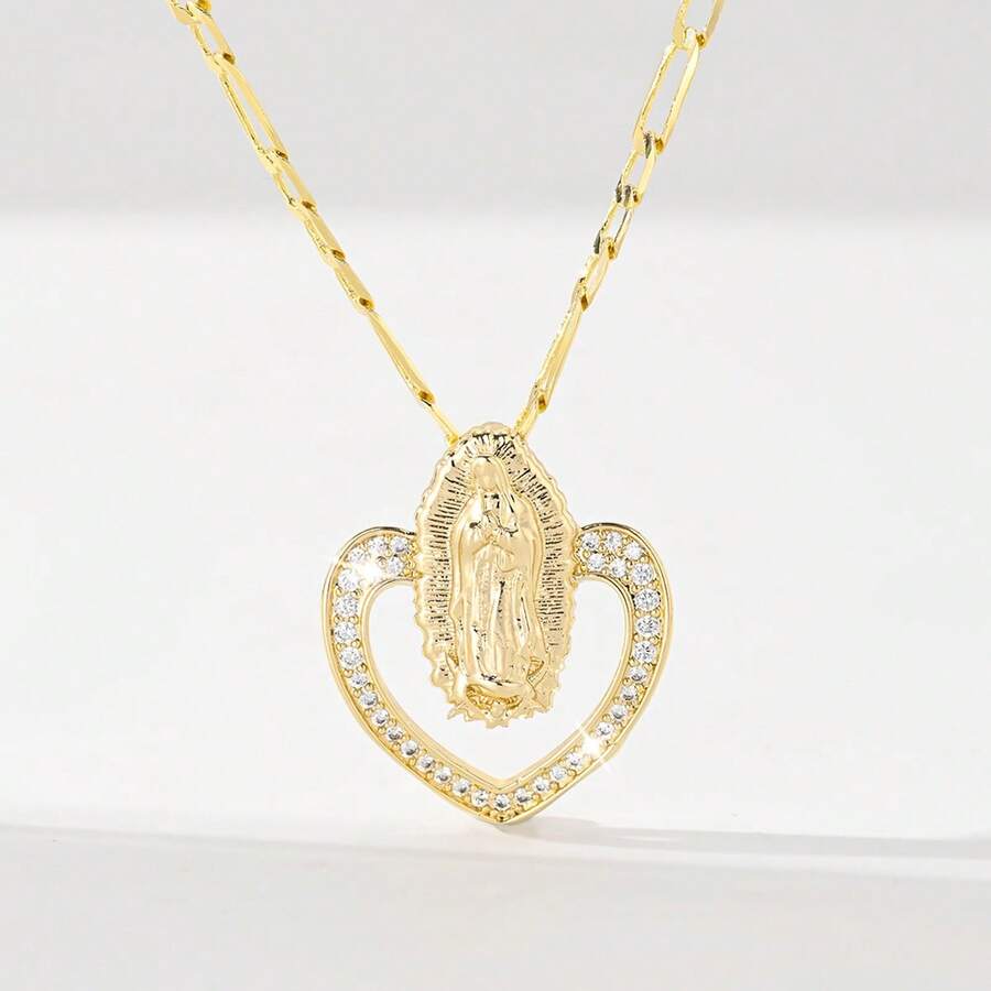 1 chiếc mặt dây chuyền hình trái tim bằng đồng khảm đá Zirconia kiểu cổ điển Châu Âu & Mỹ, hình Đức Mẹ Guadalupe và Thánh giá Chúa Giêsu, phiên bản giới hạn. Thích hợp làm quà tặng Giáng sinh/Lễ Tạ ơn/Halloween/Ngày của Mẹ/Ngày Valentine, Lễ Rước lễ lần đầu của người Công giáo, đeo hàng ngày và trong các ngày lễ, dùng khi cầu nguyện. - Vàng - Xem 1