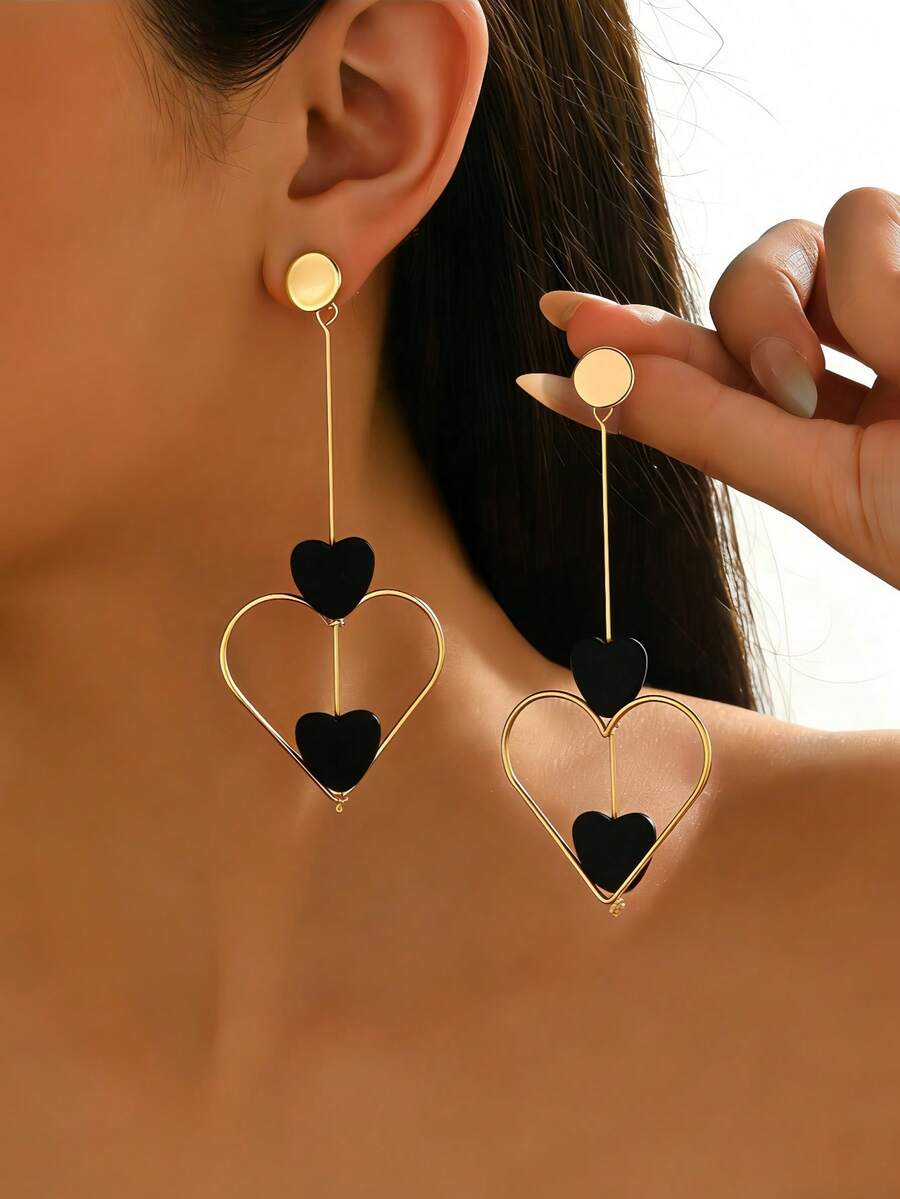 1对复古简约百搭创意长耳环，几何心形可旋转设计，搭配黑色心形吊坠，适合女性日常佩戴，也适合节日、派对和各种场合。 - 金黃色+黑色 - 查看 1