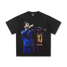 Top T Shirts For Men MessiS Barcelona American Football Vintage Print Loose Fashion Brand Personality Cotton Short Sleeve T-Shirt (3) - 黑色 - 查看 1