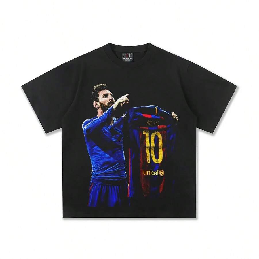Top T Shirts For Men MessiS Barcelona American Football Vintage Print Loose Fashion Brand Personality Cotton Short Sleeve T-Shirt (3) - 黑色 - 查看 1