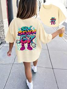 少女创意“六七67”卡通印花T恤，适合女孩户外运动、日常休闲穿着、街头风、校园风，是春夏百搭时尚上衣。 - 杏色 - 查看 1