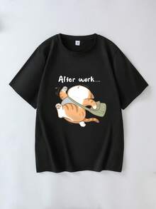 大码女式趣味猫咪印花休闲T恤，适合日常穿着、外出、度假、夏季、海滩派对、音乐节、假期、通勤等各种场合。 - 黑色 - 查看 2