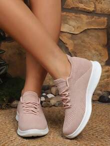 女士黑色和灰色针织休闲复古运动鞋，套脚袜鞋 - 粉色 - 查看 5