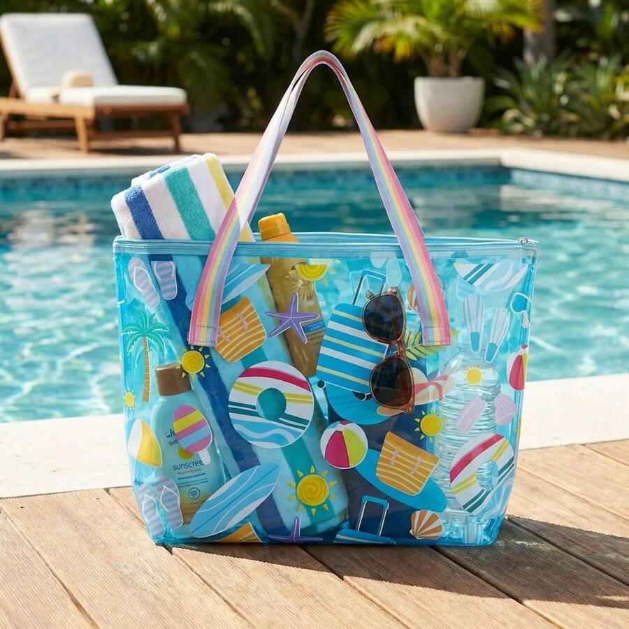 Large Transparent PVC Beach Bag With Summer Print 50x33x11.5cm Women's Shoulder Bag With Rainbow Fabric Handle And Zipper Closure Super Capacity For Holidays, Pool And Travel Water-Resistant Handbag To Store Towels, Sunscreen And Accessories With Style And Practicality For The Modern Woman - 查看 1