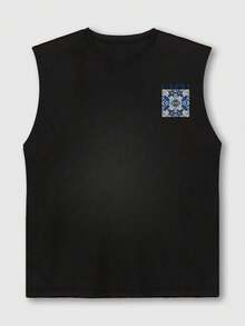 Italian Southern Style Printed Casual Loose Fit Men's Sleeveless Tank Top - Black - View 4