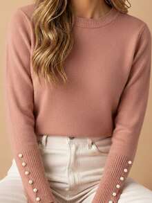 Basic Knit Sweater Blouse With Pearl Detail, Polyester, Pearls, Nightwear - Beige - View 1