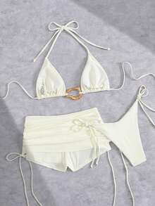 3pcs/Set Summer Sexy Solid Color Ruffled Halter Bikini With Drawin String, Beach Resort Swimsuit With Mesh Skirt - trắng - Xem 5