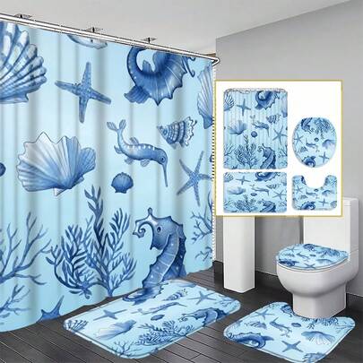 1/3/4 件套浴帘套装，海洋贝壳和海洋图案浴帘，配 12 个挂钩，浴室装饰帘，防滑浴室垫马桶座套套装，可水洗面料，适用于浴室、房车、节日装饰 - 全年可用，情人节家居装饰