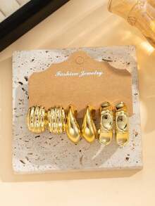6/18pcs Vintage Elegant CCB Hoop Earrings, Creative Asymmetrical C-Shaped Design, Personalized Earrings For Women Daily, Party, Date And Holiday Wear, Exquisite Holiday Gift - Gold - View 11