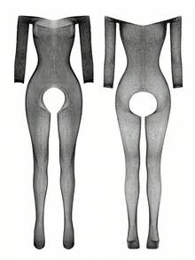 Women's Sexy Lingerie Off-Shoulder Fishnet Bodysuit - Black - View 7