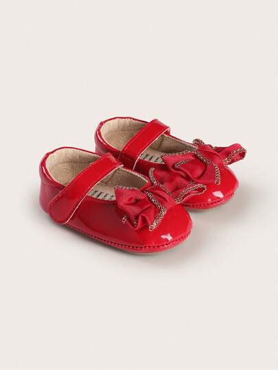 女婴软底鞋，适合1岁宝宝，带蝴蝶结和亮面设计，6-8个月幼儿鞋，橡胶底室内婴儿鞋