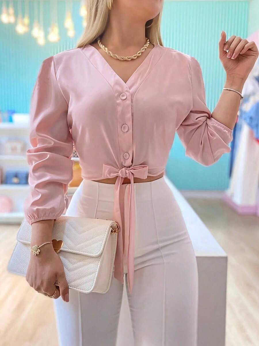 Women's Solid Color Elegant Elegant Versatile Tie-Front Blouse, Casual Everyday Wear, Suitable For Home, Commute, And Dates Pink Spring - Pink - View 1